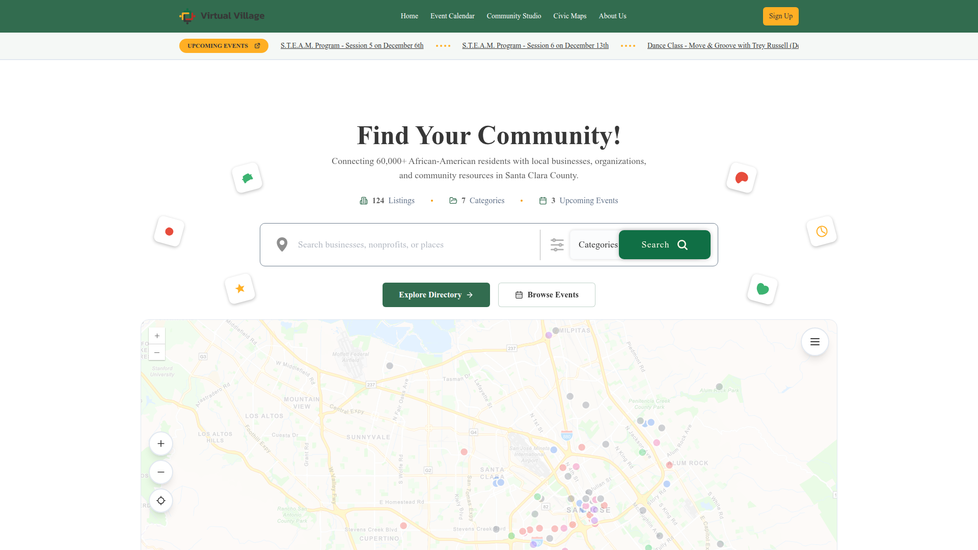 Virtual Village Community Platform - Interactive map showing local Black businesses in Santa Clara County